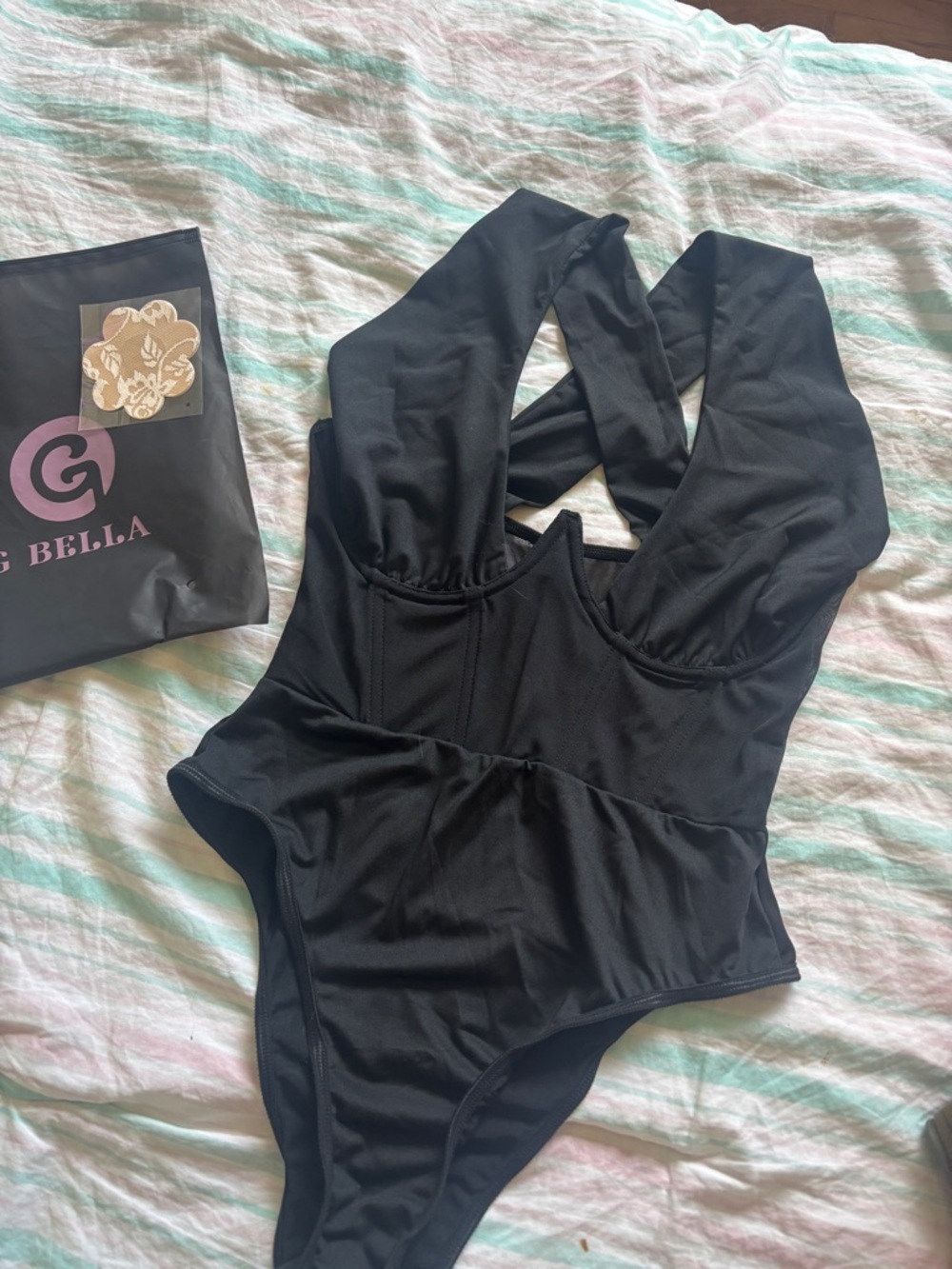 NEW Black corset deep v criss cross Bodysuit underwire